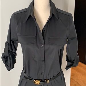 Theory black military style shirt dress gold belt